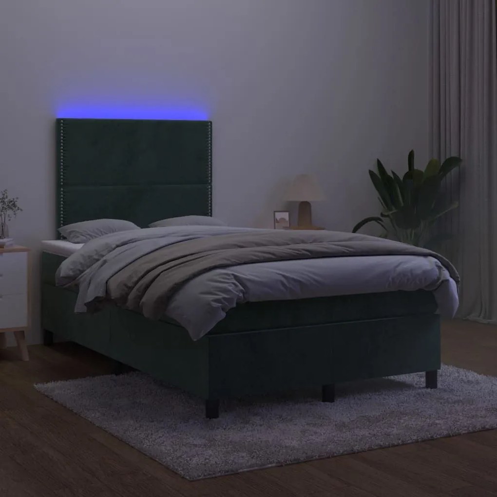 Κρεβάτι Boxspring με Στρώμα &amp; LED Σκ. Πράσινο 120x200εκ Βελούδο - Πράσινο