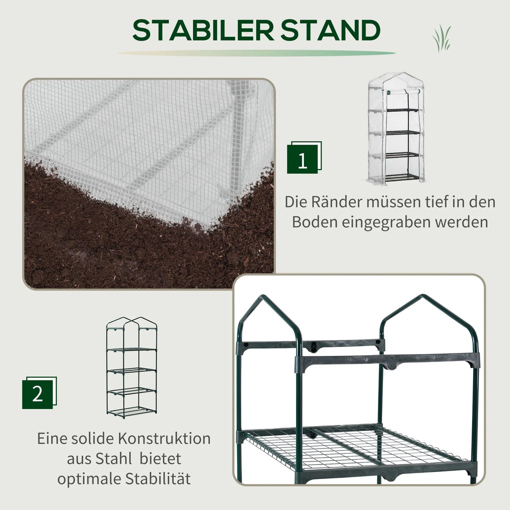 Outsunny Θερμοκήπιο από φιλμ, μίνι θερμοκήπιο, φυτώριο, 4 ράφια, 70 x 50 x 160 cm, λευκό