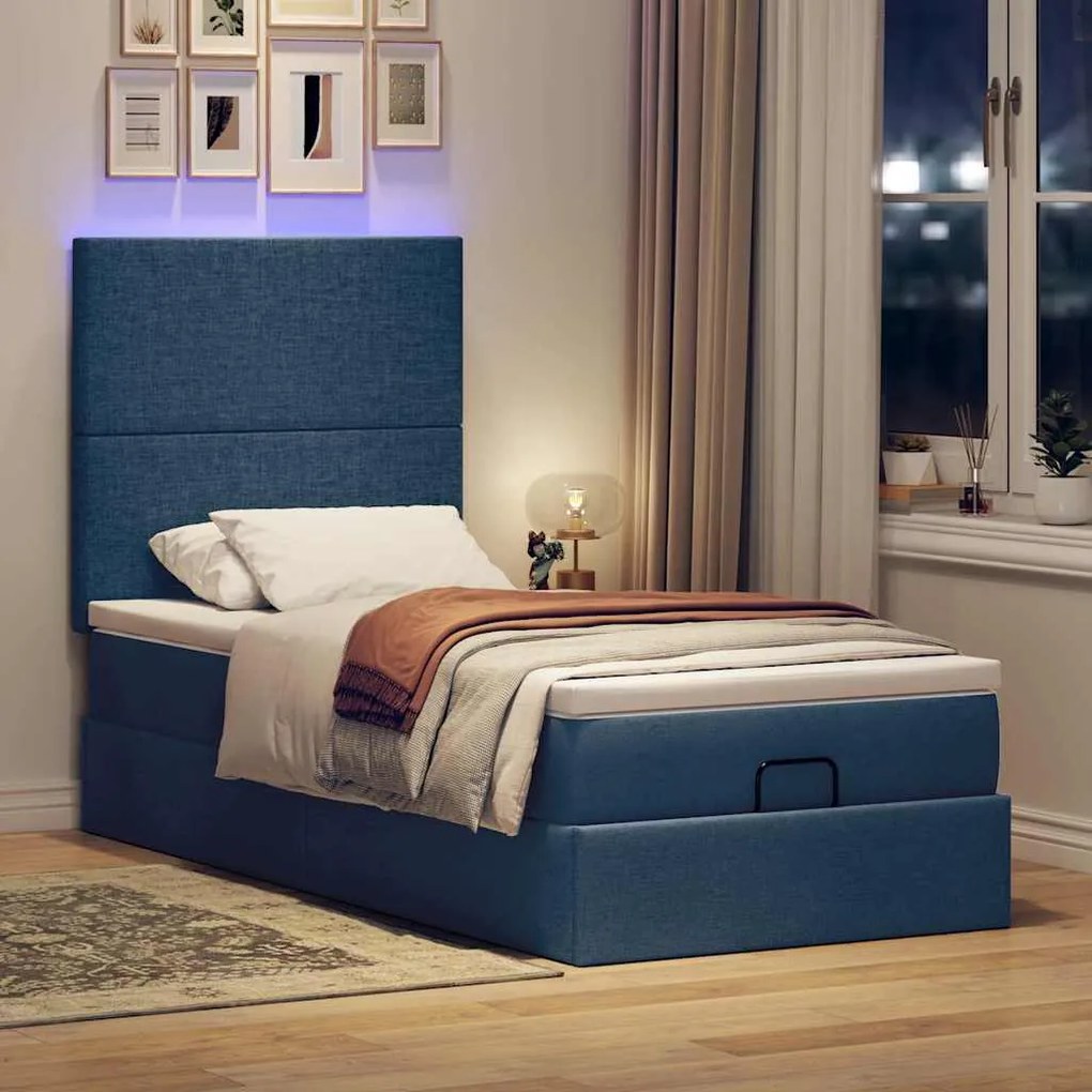 Οθωμανικό κρεβάτι με στρώμα &amp; LEDs Μπλε 100x200 cm Ύφασμα 3313905