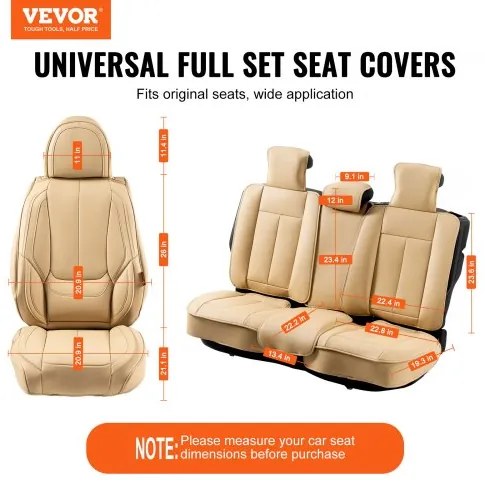 VEVOR Seat Covers, Universal Car Seat Covers Full Set Seats, Front and Rear Seat, 13pcs Faux Leather Seat Cover, Full Enclosed Design, Detachable Headrest and Airbag Compatible, for Most Car SUV Truck