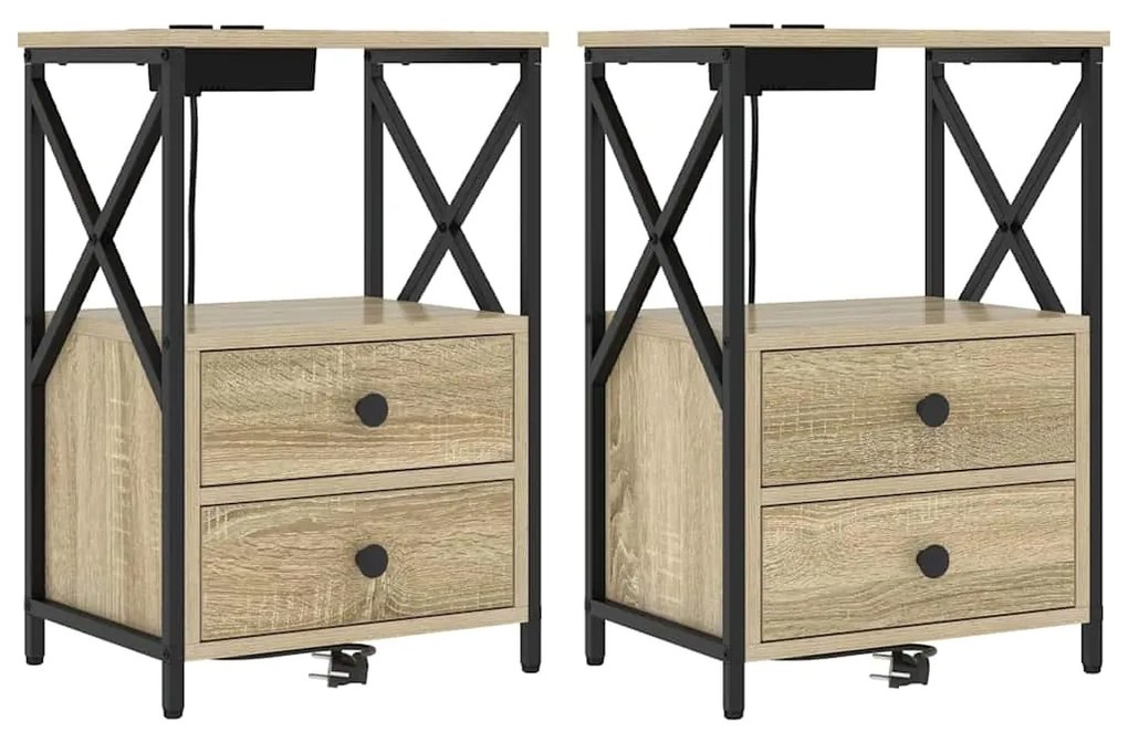 vidaXL Κομοδίνο με Σταθμό Φόρτισης με συρτάρι 2 pcs Sonoma Δρυς