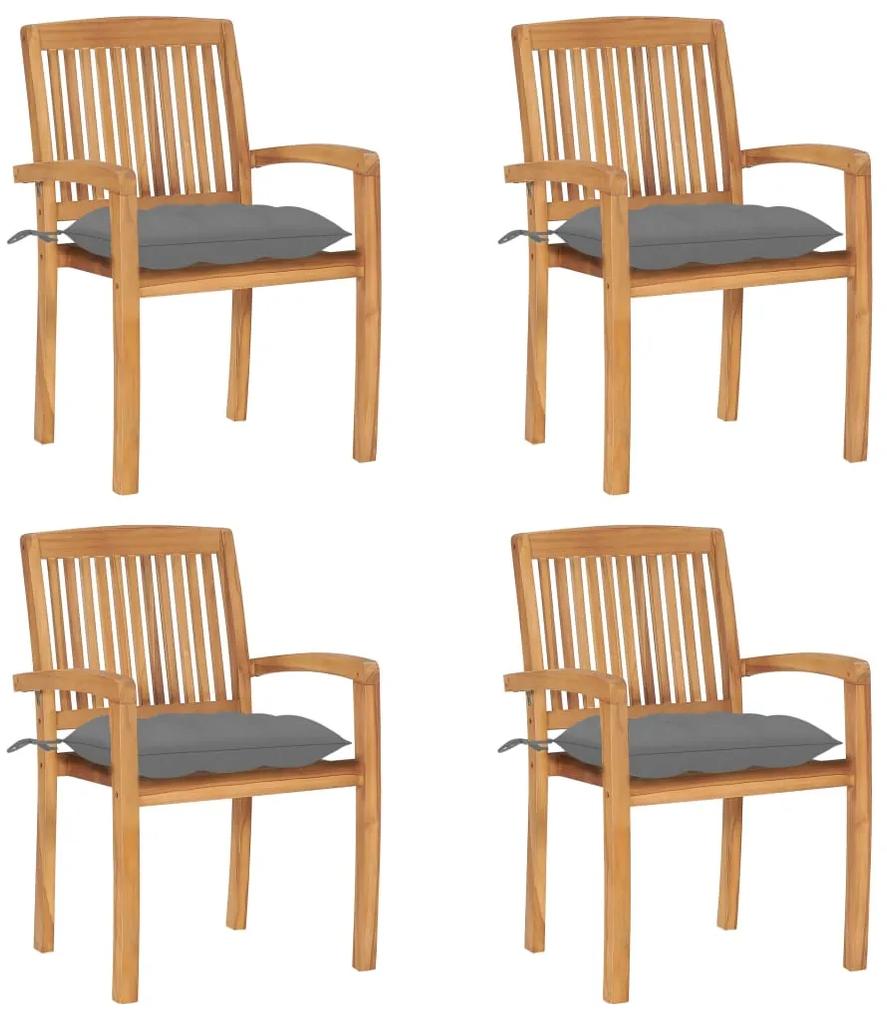 vidaXL Καρέκλες Κήπου Στοιβαζόμενες 4 τεμ. Μασίφ Ξύλο Teak & Μαξιλάρια
