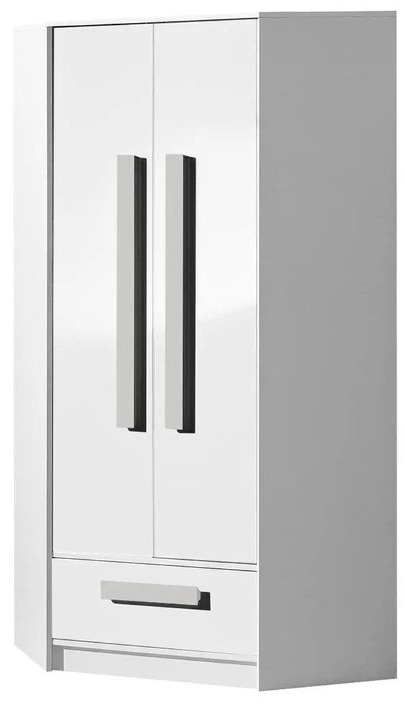Γωνιακή ντουλάπα Akron J103, Γκρι, Άσπρο, Γυαλιστερό λευκό, 191x87x87cm, 80 kg, Πόρτες ντουλάπας: Με μεντεσέδες, Αριθμός ραφιών: 3, Αριθμός ραφιών: 3