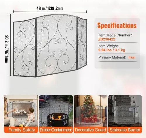 VEVOR Fireplace Screen 3 Panel, Sturdy Iron Mesh Fireplace Screen, 122(L)x76.7(H)CM Spark Guard Cover, No Assembly Required, Free Standing Fireplace Fence Grate for Living Room Home Decor Vintage