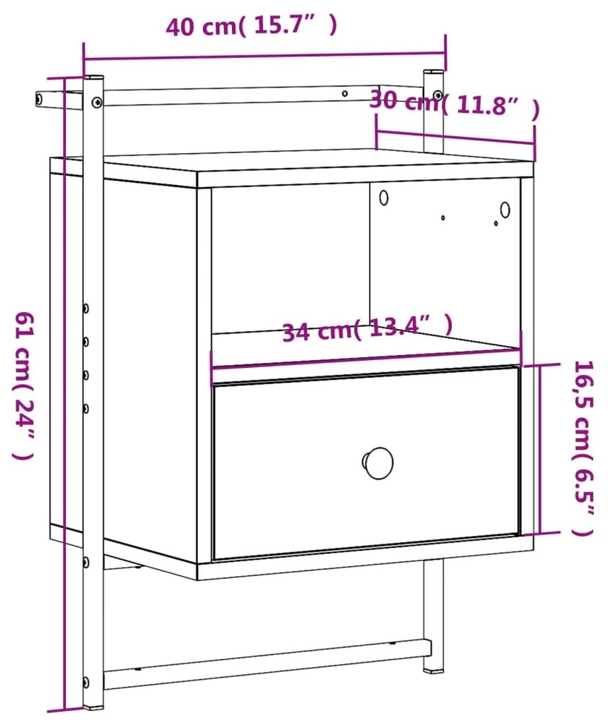 Κομοδίνο Επιτοίχιο Καφέ Δρυς 40x30x61 εκ. από Επεξεργ. Ξύλο - Καφέ