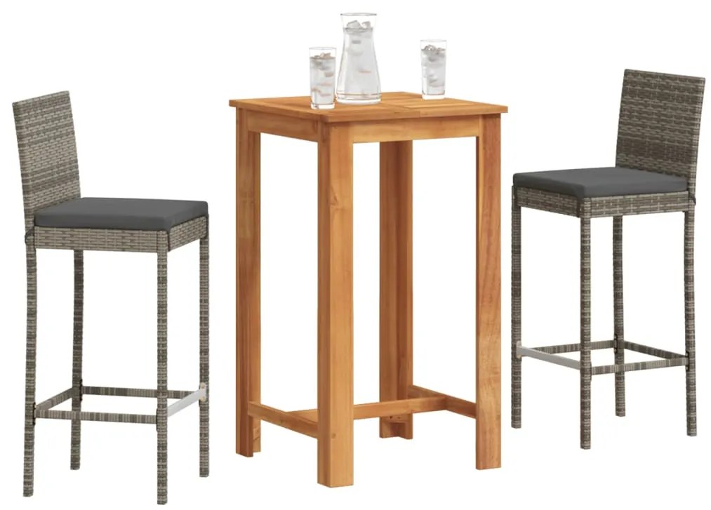 vidaXL Σετ Μπαρ Κήπου 3 Τεμ. Γκρι Μασίφ Ξύλο Ακακίας και Συνθ. Ρατάν