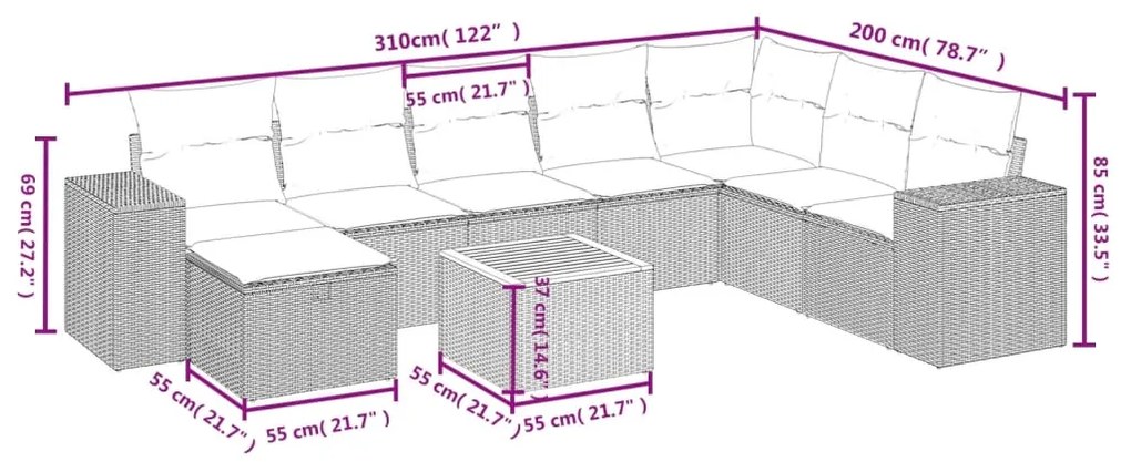 vidaXL Σαλόνι Κήπου Σετ 9 Τεμαχίων Γκρι Συνθετικό Ρατάν με Μαξιλάρια