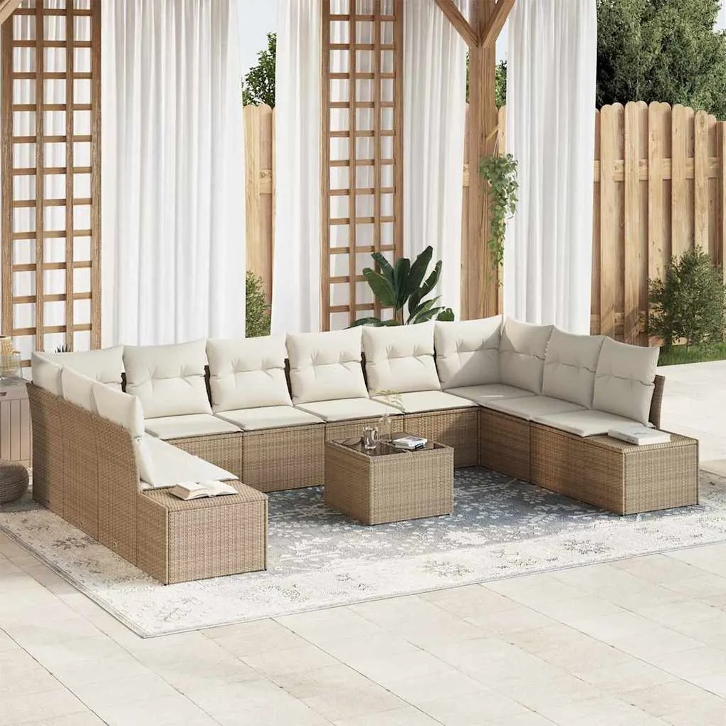 vidaXL Σετ Καναπέ Κήπου με μαξιλάρι 11 pcs Μπεζ Πολυ ράταν