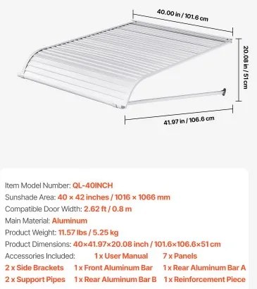VEVOR Window Awning Door Canopy 40x42 in Aluminum Alloy Front Door Awnings