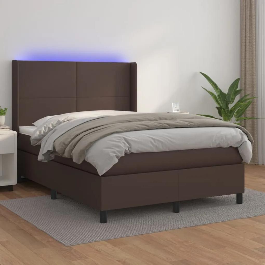 vidaXL Κρεβάτι Boxspring με Στρώμα & LED Καφέ 140x200 εκ. Συνθ. Δέρμα