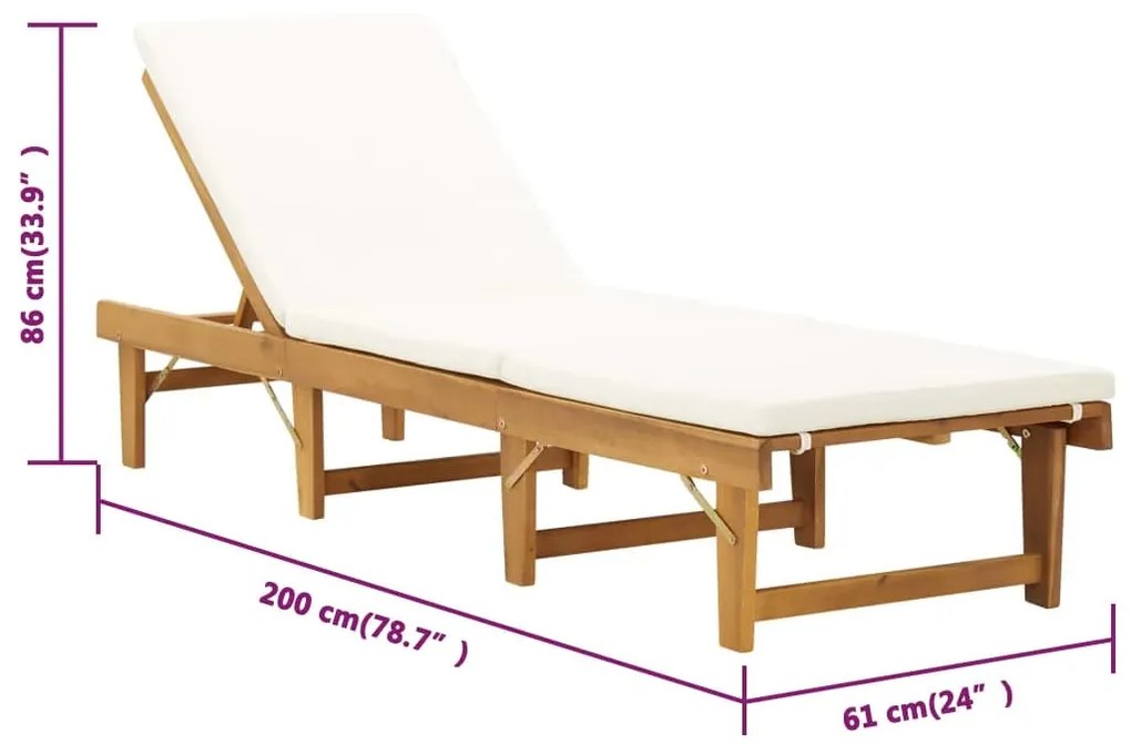 vidaXL Ξαπλώστρα Πτυσσόμενη Κρεμ από Μασίφ Ξύλο Ακακίας με Μαξιλάρι