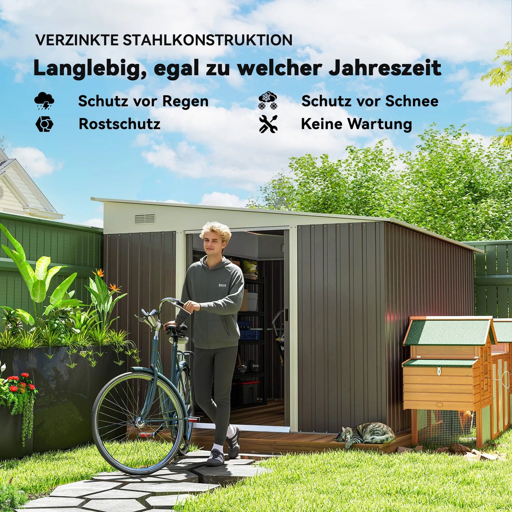 Outsunny Μεταλλικό Υπόστεγο Αποθήκευσης Κήπου, Επικλινής Στέγη, Διπλή Πόρτα που Κλειδώνει, 2,8 x 3,45 x 2,01m, Γκρι