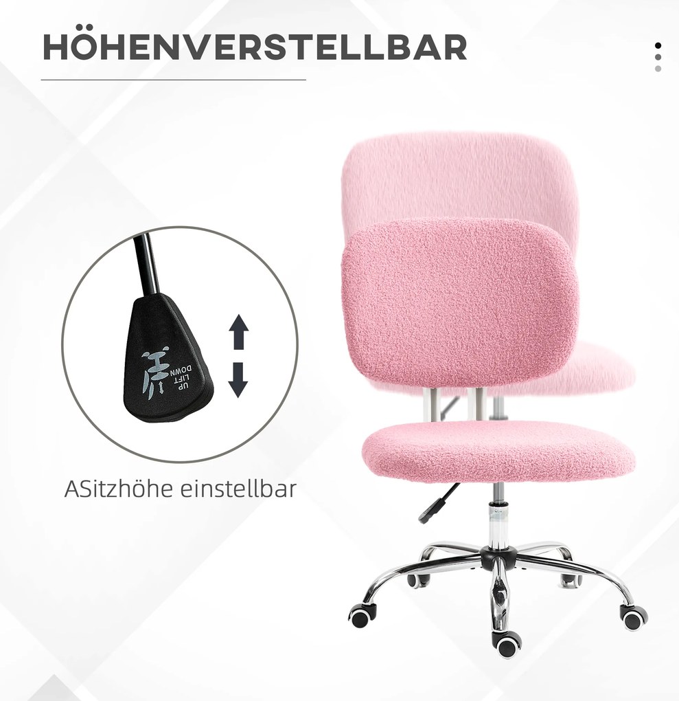 Vinsetto Καρέκλα Γραφείου Υπολογιστή Περιστρεφόμενη, Ρυθμιζόμενο Ύψος, 48 cm x 53 cm x 80-90 cm, Ροζ