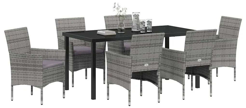 vidaXL Σέτ φαγητού για κήπο με μαξιλάρι 7 pcs Γκρι Πολυ ράταν