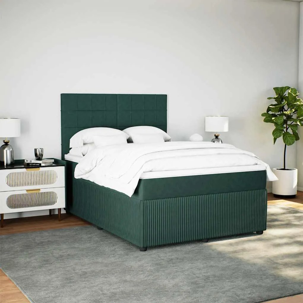 vidaXL Κρεβάτι Boxspring με Στρώμα Σκούρο Πράσινο 140x190εκ. Βελούδινο