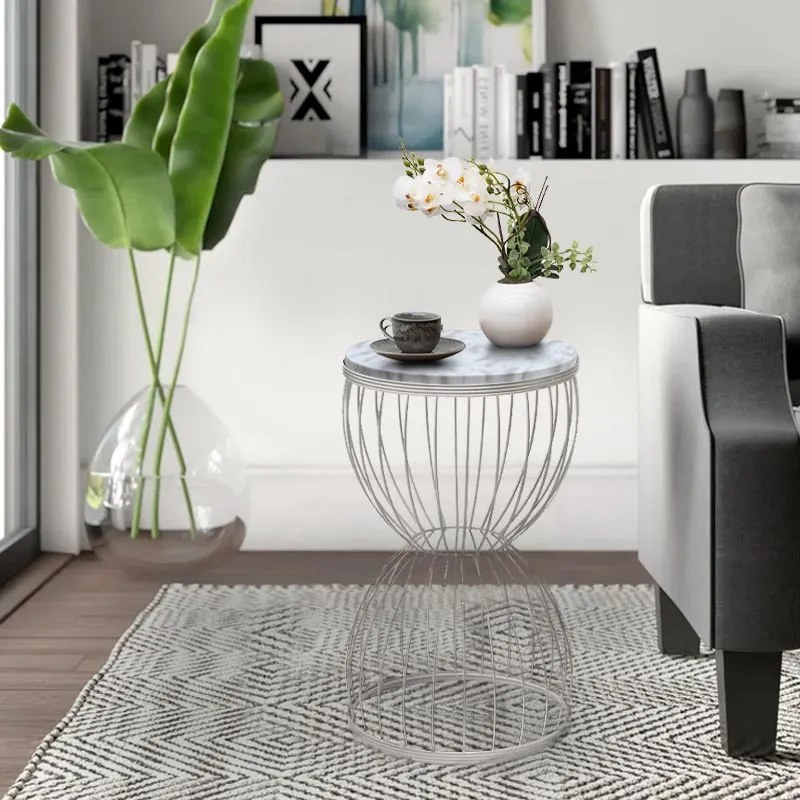 Τραπεζάκι βοηθητικό Pino Megapap μεταλλικό - Mdf χρώμα λευκό - λευκό εφέ μαρμάρου 35x35x58εκ.