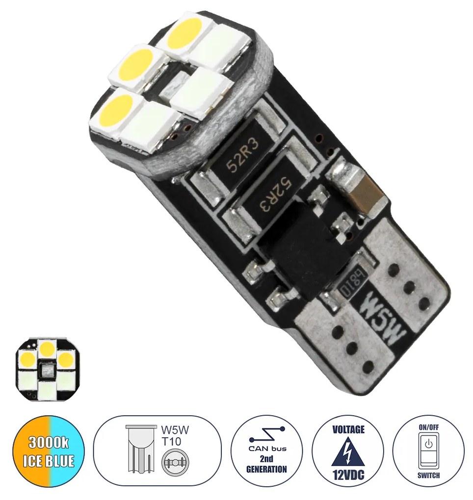 GloboStar® 81466 Λάμπα Αυτοκινήτου LED 3 Stage Color Change by Switch On/Off T10 W5W 2rd Generation Can-Bus Series 10xSMD3535 1.3W 156lm 360° DC 10-48V IP20 Μ1 x Π1 x Υ2.5cm Θερμό Λευκό 3000K &amp; Ice Blue