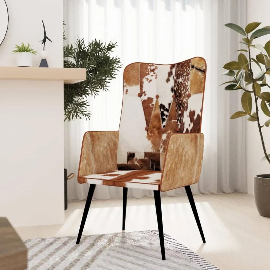 Τριχωτή Καρέκλα με Φτερά Καφέ και Λευκό Γνήσιο Δέρμα