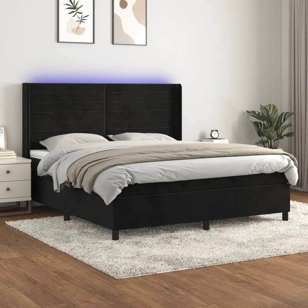 Κρεβάτι Boxspring με Στρώμα & LED Μαύρο 180x200 εκ. Βελούδινο