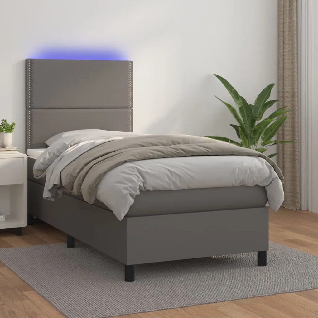 Κρεβάτι Boxspring με Στρώμα & LED Γκρι 90x190 εκ. Συνθ. Δέρμα