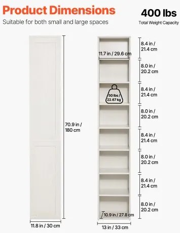 VEVOR 8 Tiers Narrow Bookshelf 71&quot; Wooden Open Bookcase Adjustable Shelf White
