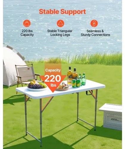VEVOR 122cm Plastic Folding Table Portable Picnic Table Handle Indoor Outdoor