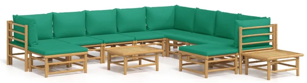 vidaXL Σαλόνι Κήπου Σετ 12 Τεμ. από Μπαμπού με Πράσινα Μαξιλάρια