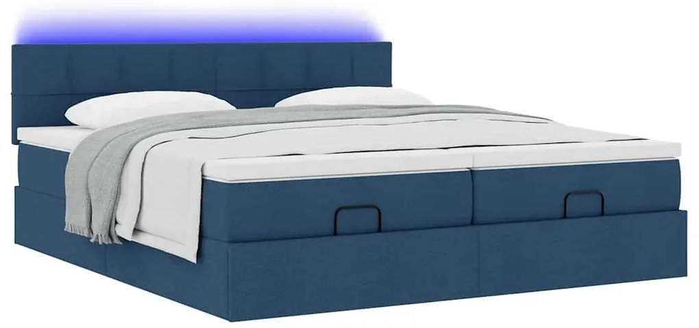 vidaXL Οθωμανικό κρεβάτι με στρώματα & LEDs Μπλε 180x200cm ύφασμα