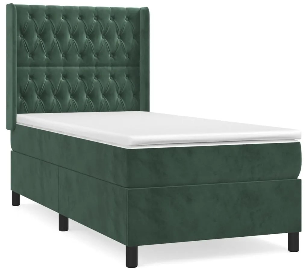 vidaXL Κρεβάτι Boxspring με Στρώμα Σκούρο Πράσινο 100x200εκ. Βελούδινο