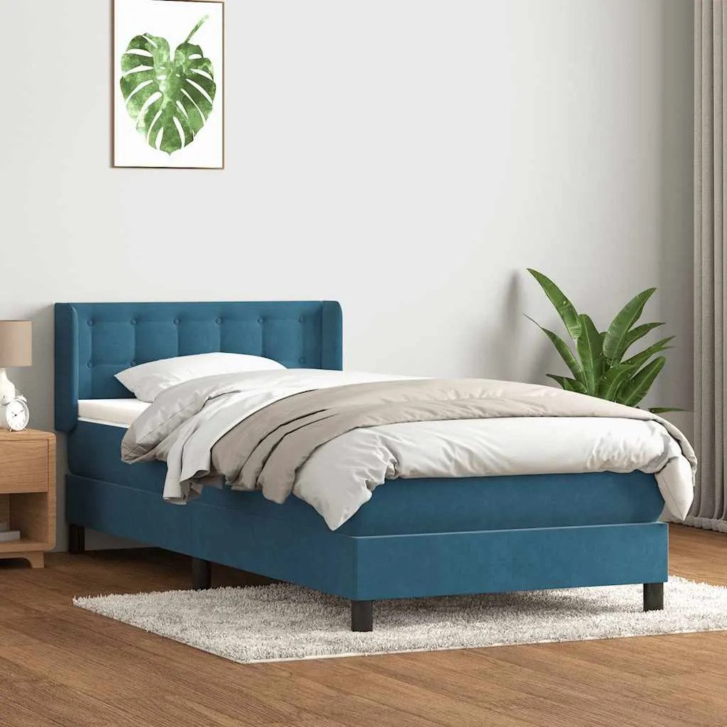 Box Spring κρεβάτι με στρώμα σκούρο μπλε 90x210 εκ. Βελούδινο