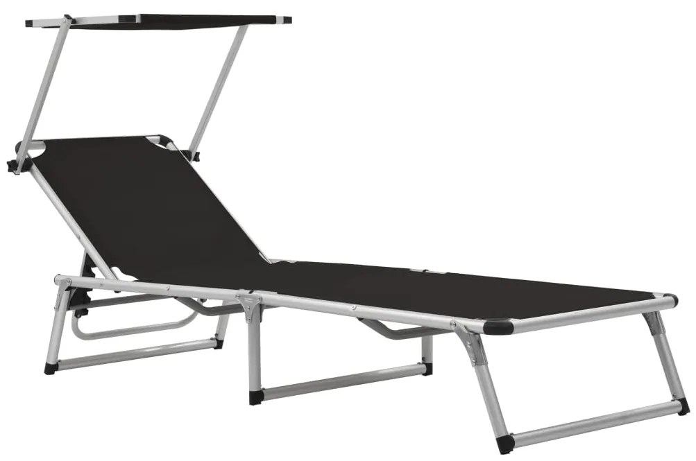 vidaXL Ξαπλώστρες Πτυσ. 2 τεμ. Μαύρες Αλουμίνιο/Textilene + Σκίαστρο