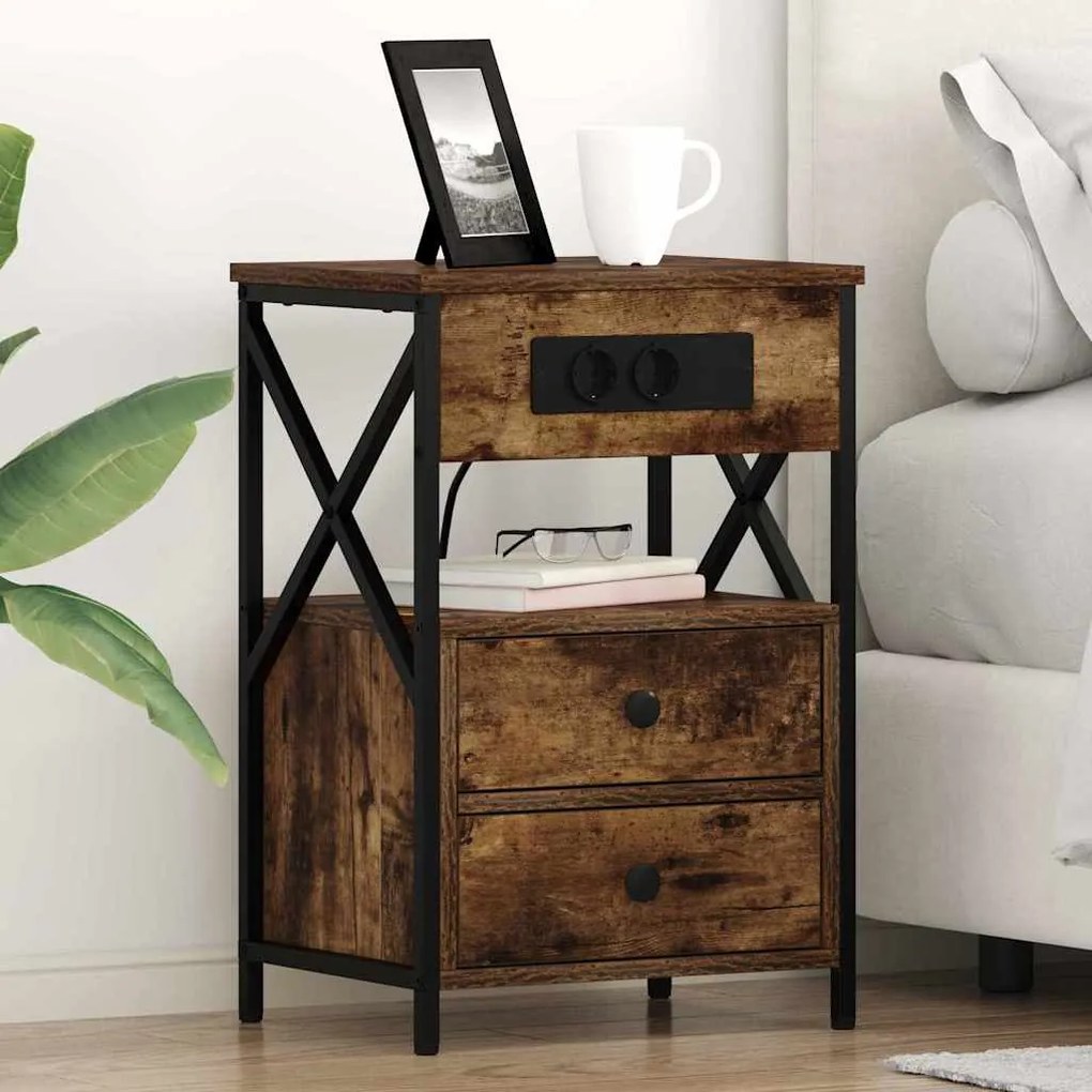 vidaXL Κομοδίνο με Σταθμό Φόρτισης με συρτάρι 2 pcs Καπνιστό Δρύς