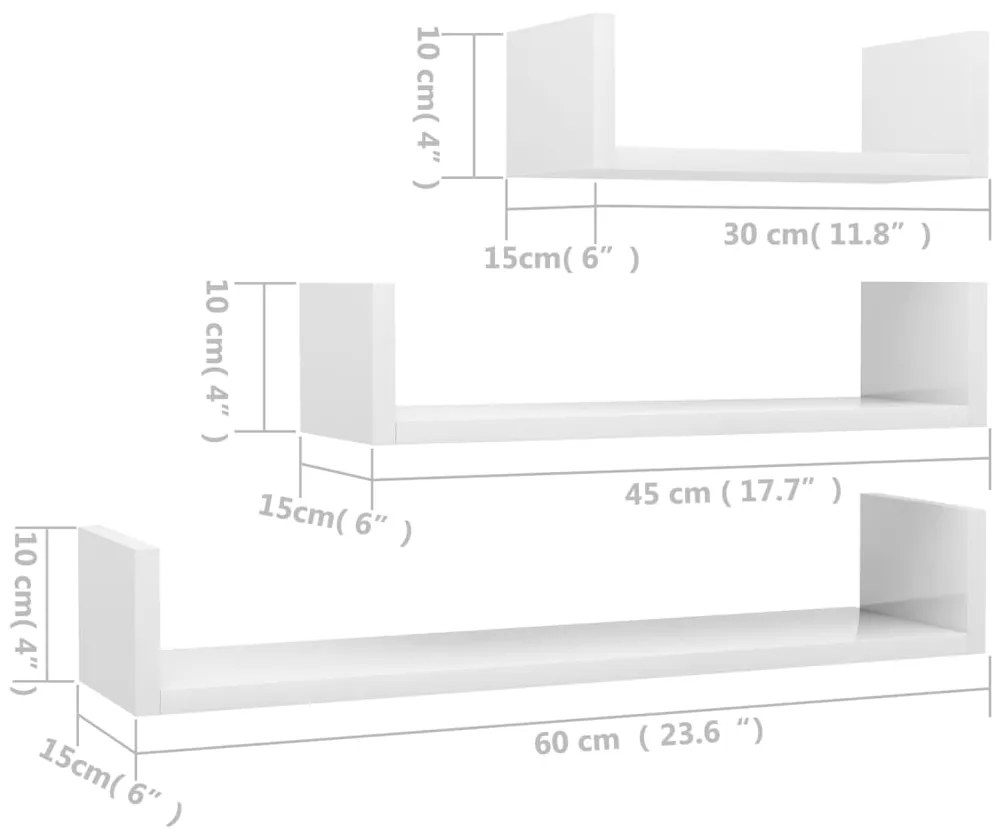 vidaXL Ράφια Τοίχου 3 τεμ. Γυαλιστερό Λευκό από Επεξεργασμένο Ξύλο