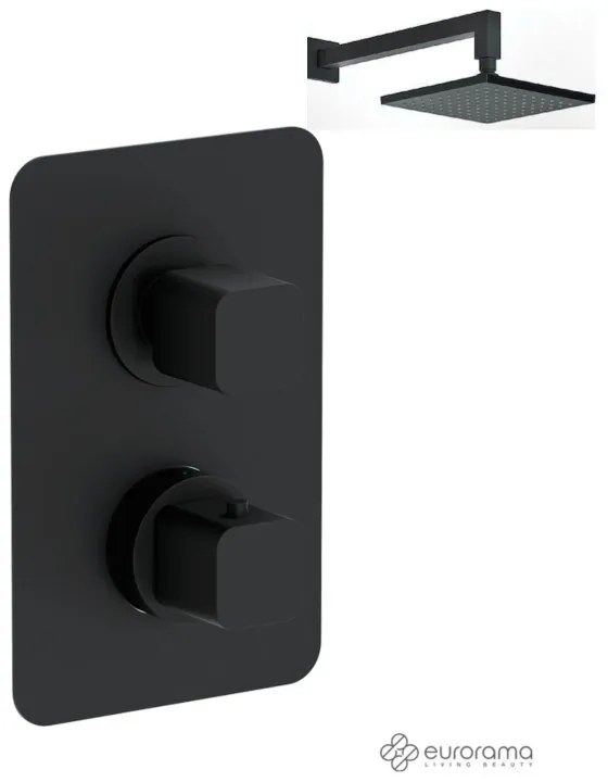 Eurorama QUADRA Thermo Black matt Κεφαλή 30εκ+Θερμοστατικός μίκτης εντοιχισμού 2 ή 3 εξόδων με εκτροπέα