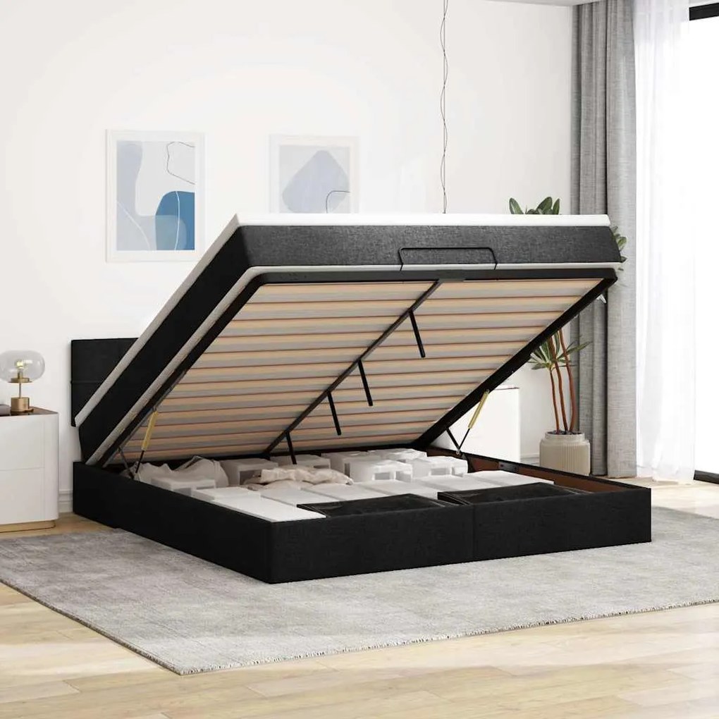 vidaXL Οθωμανικό κρεβάτι με στρώμα & LEDs Μαύρο ύφασμα 160x200cm