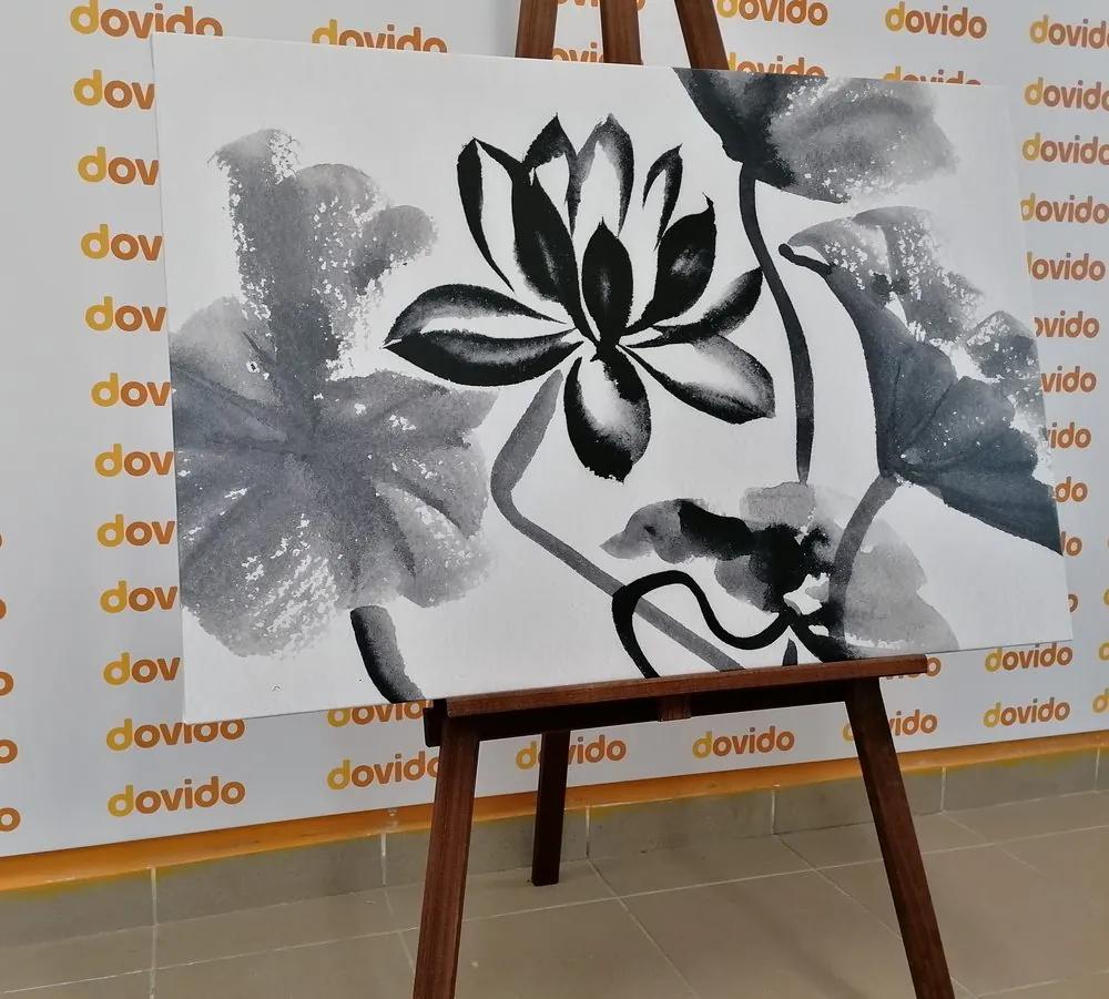 Εικόνα ακουαρέλα λουλούδι λωτού σε ασπρόμαυρο σχέδιο - 60x40