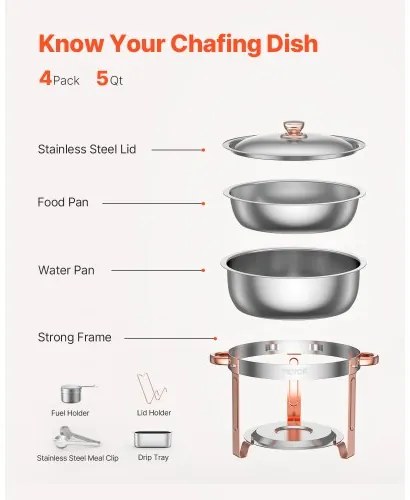 VEVOR 5 Qt 4 Pack Round Chafing Dish Buffet Set Full-Size Pan Stainless Steel