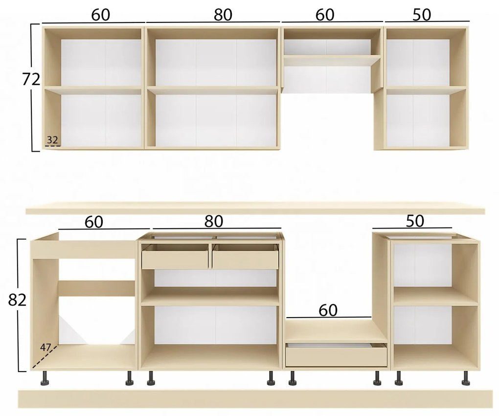 Έτοιμη Σύνθεση κουζίνας C2471.01 MDF Σκούρο Γκρί και Πάγκος HPL Μπέζ Μάρμαρο 250x47x200Υεκ. 250x47x200 εκ.