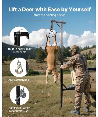 VEVOR Truck Hitch Game Hoist, 600 lbs Load Capacity, Hunting Deer Hoist with 2-inch Receiver, 360-Degree Swivel Shaft &amp; Adjustable Height, Includes Gambrel Winch for Skinning &amp; Cleaning Game