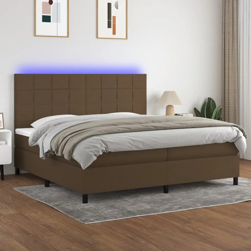 Κρεβάτι Boxspring με Στρώμα &amp; LED Σκ.Καφέ 200x200εκ. Υφασμάτινο - Καφέ