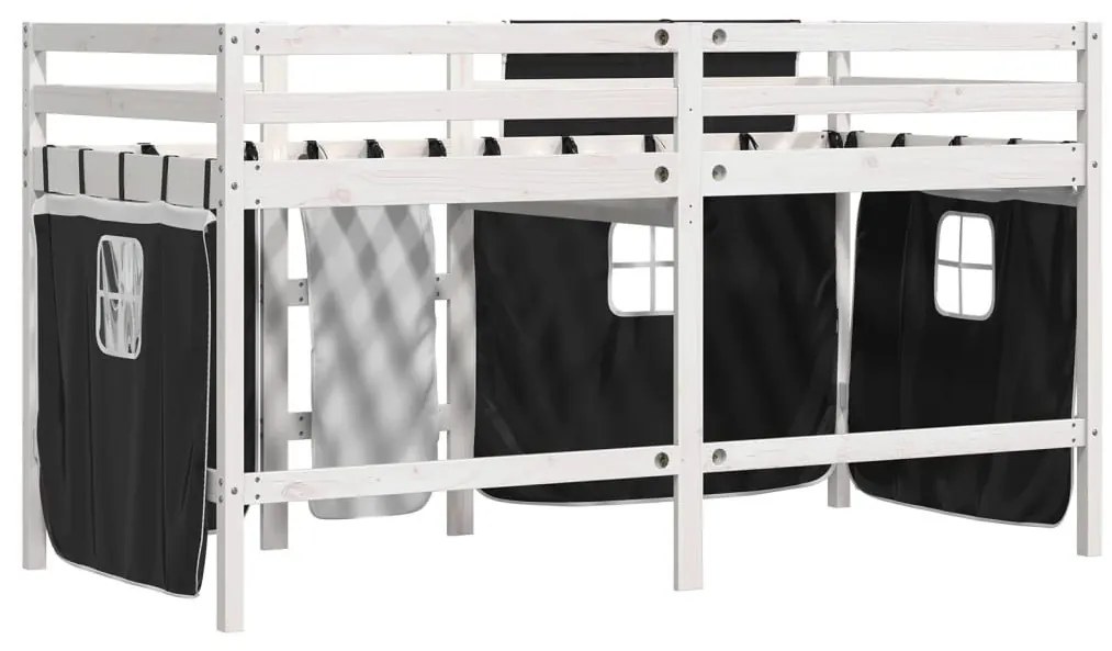 Υπερυψ. Κρεβάτι με Κουρτίνες Λευκό/Μαύρο 80x200 εκ. Μασίφ Πεύκο - Λευκό