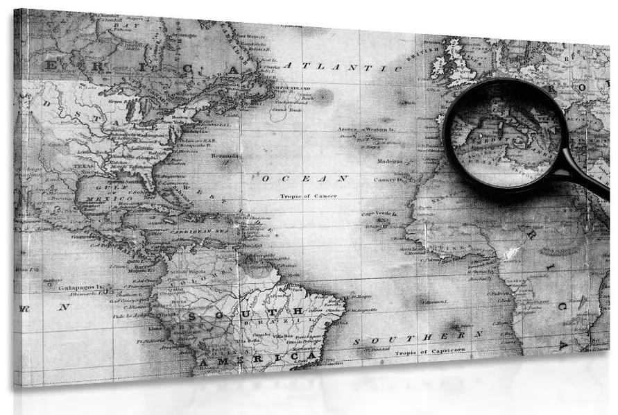 Εικόνα ασπρόμαυρο παγκόσμιο χάρτη με μεγεθυντικό φακό - 90x60