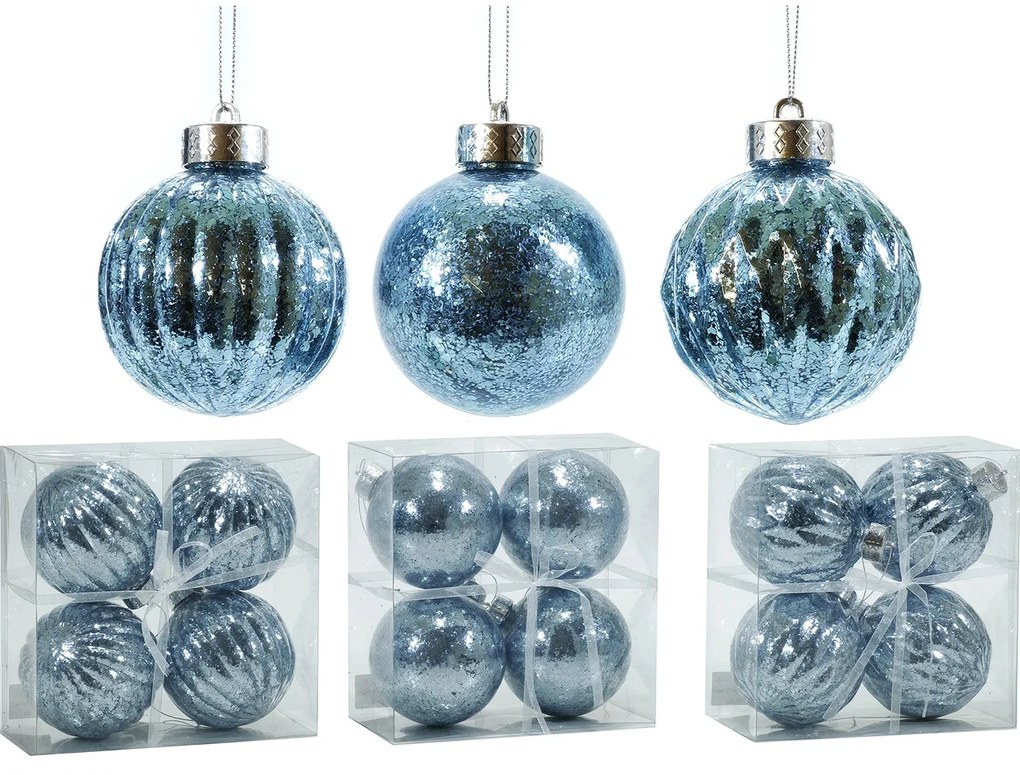 Χριστουγεννιάτικη Μπάλα Γαλάζιο 100mm Σετ 4Τμχ Σε 3 Σχέδια