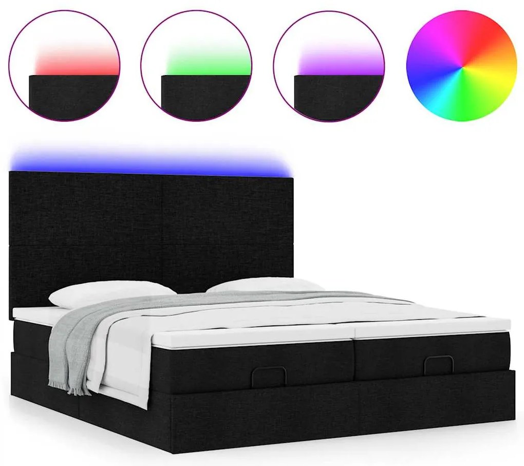 vidaXL Οθωμανικό κρεβάτι με στρώματα & LEDs Μαύρο ύφασμα 180x200cm