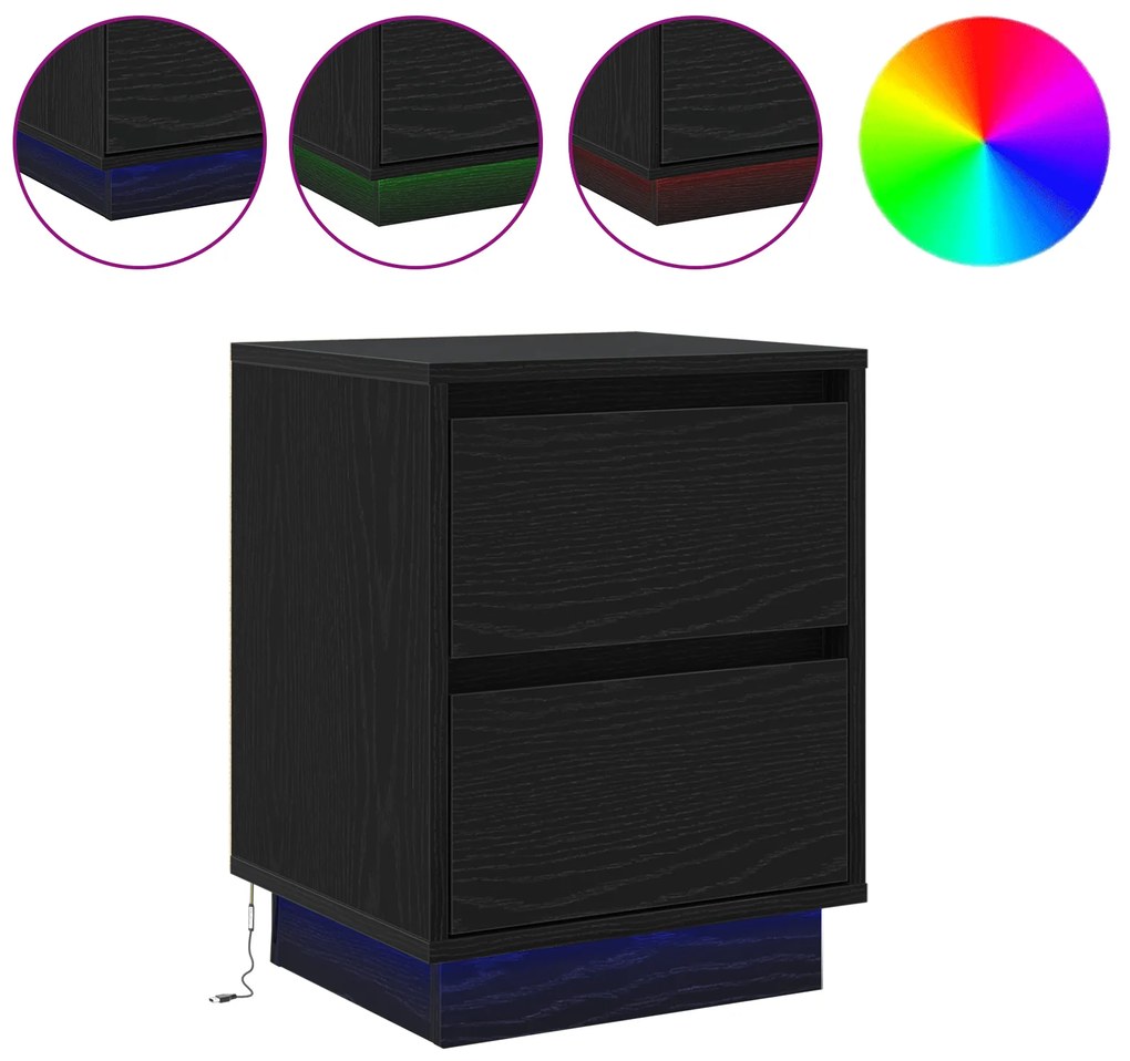vidaXL Κομοδίνο με LED Φώτα Μαύρο 39x34.5x50 εκ.