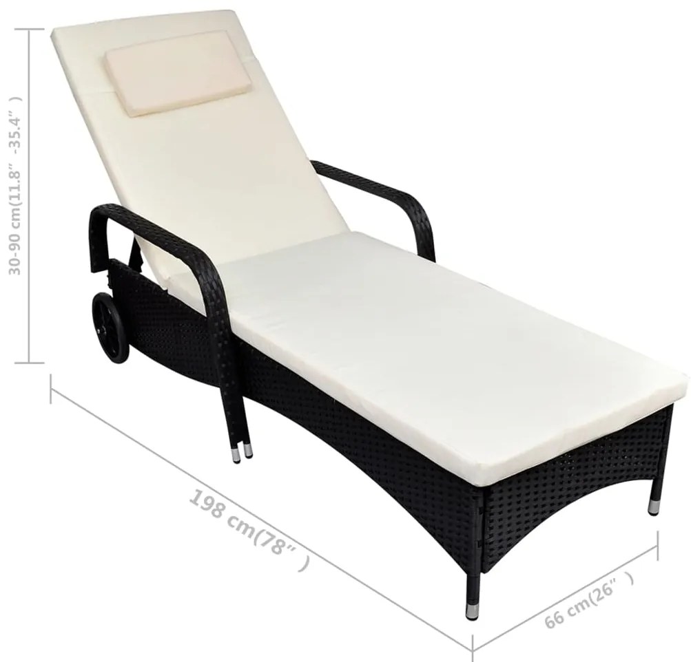 vidaXL Ξαπλώστρα Μαύρη από Συνθετικό Ρατάν με Μαξιλάρι και Ρόδες