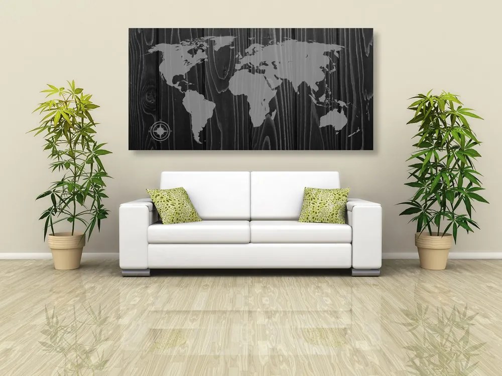 Εικόνα ασπρόμαυρο χάρτη με πυξίδα σε ξύλο - 120x60
