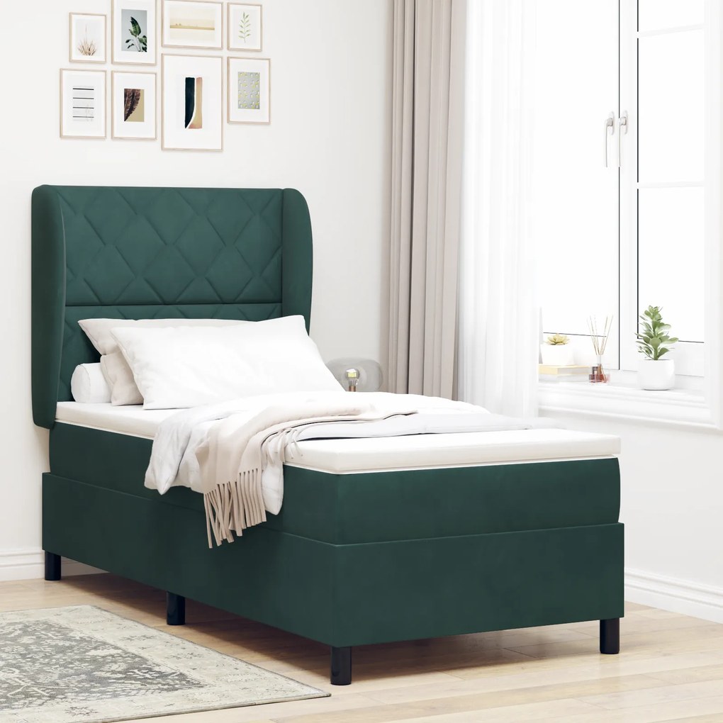 vidaXL Κρεβάτι Box Spring με Στρώμα σε Σκούρο Πράσινο, 90x200 εκ, Βελούδο