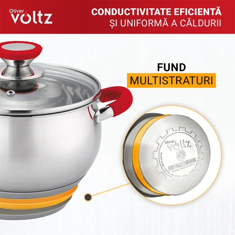 Κατσαρόλα Oliver Voltz OV51210N22, 22 cm, 4.6 l, Επαγωγή, Κόκκινες λαβές από σιλικόνη, Inox/Κόκκινος