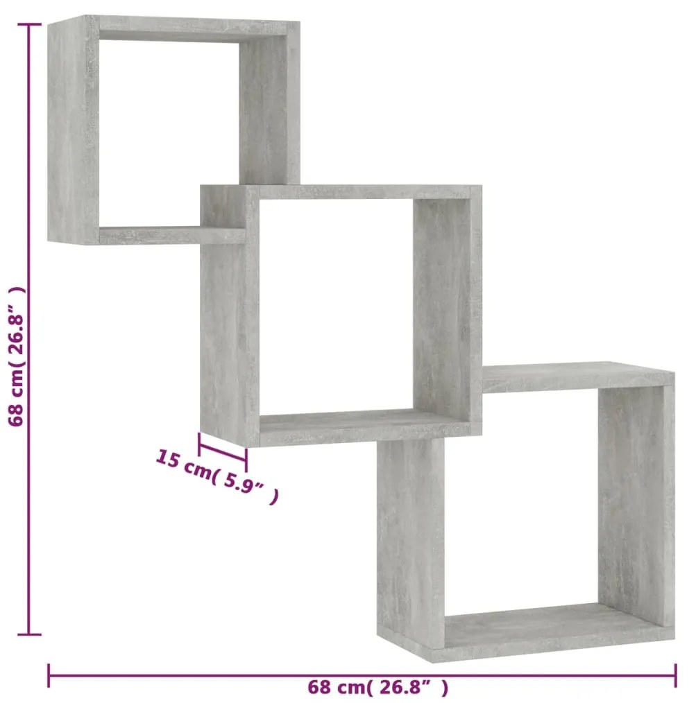 vidaXL Ράφια Κύβοι Τοίχου Γκρι Σκυροδέματος 68x15x68 εκ. Επεξ. Ξύλο